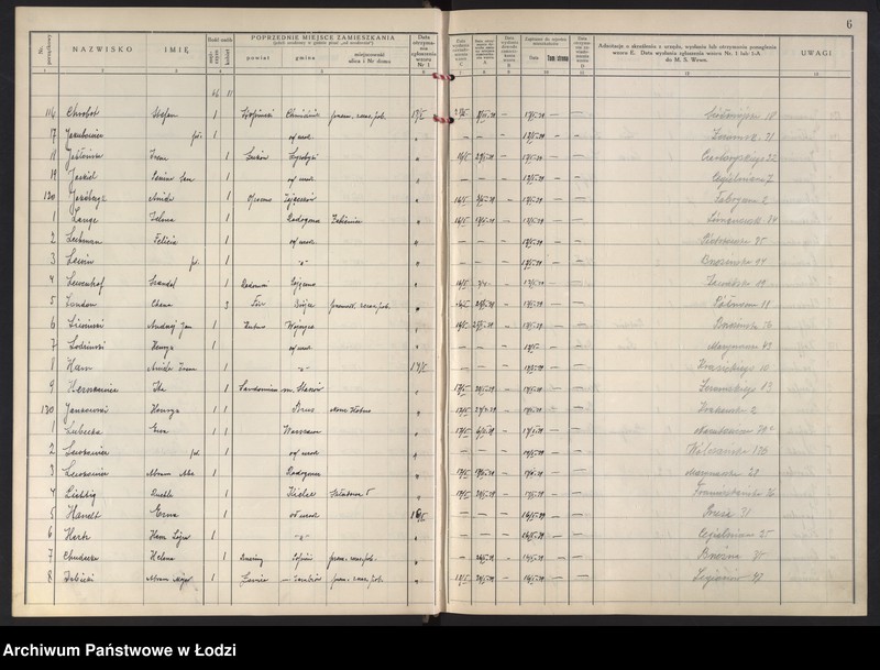 Obraz 10 z jednostki "Księga kontroli ruchu ludności (rejestr osób przybywających do gminy) Łódź, zespół III lit. H, I, J, L, Ł"