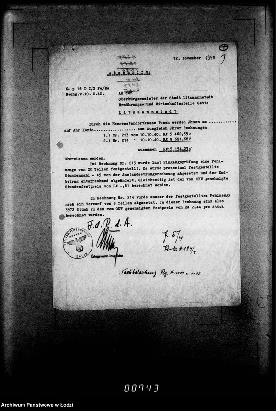 Obraz 7 z jednostki "[Rachunki Heeresbekleidungsamt Posen dla Zarządu Getta]"