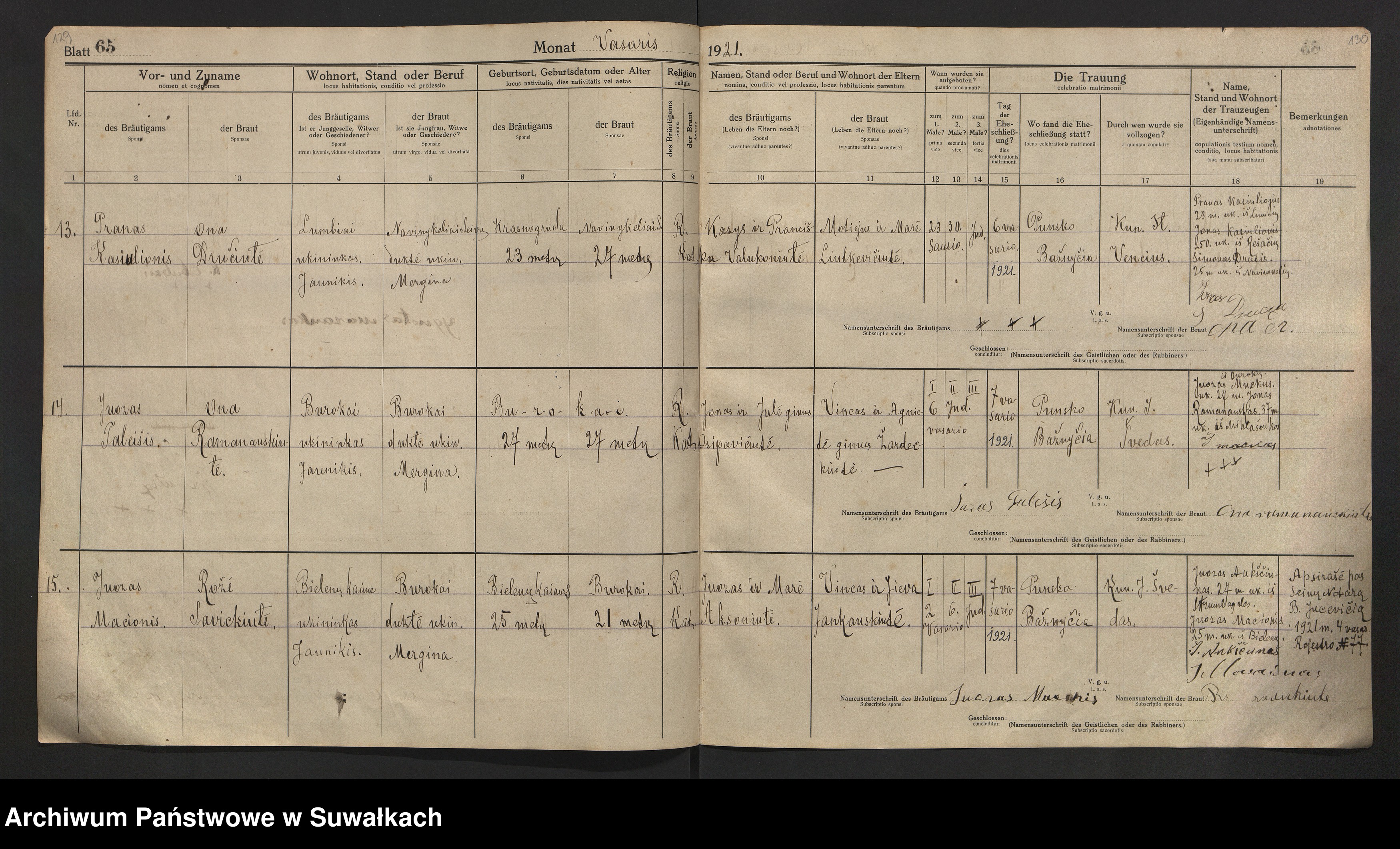 Skan z jednostki: [Księga akt małżeństw parafii rzymskokatolickiej w Puńsku z lat 1918-1921]