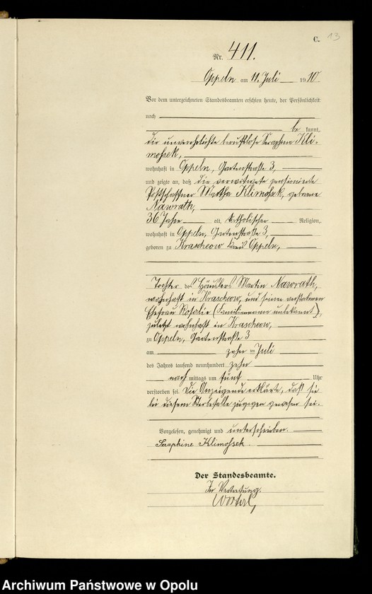 Obraz 16 z jednostki "Urząd stanu Cywilnego w Opolu 1910 Rejestr Zgonów Księga Miejscowa Nr 400 do 769"