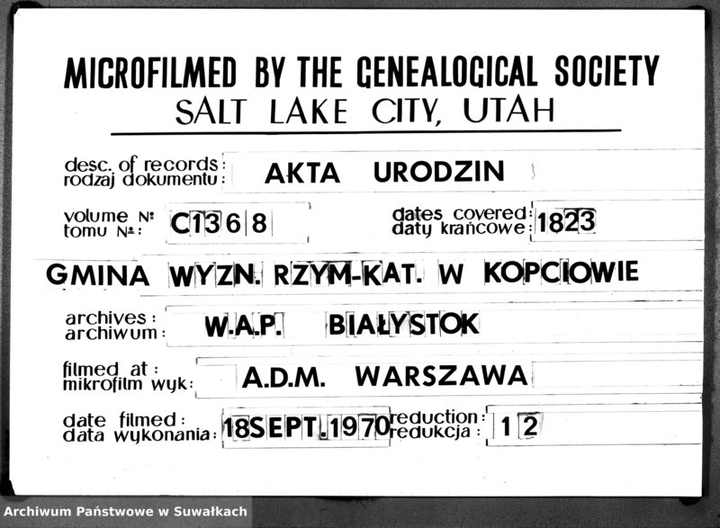 Obraz 1 z jednostki "Akta Urodzonych Stanu Cywilnego Gminy Kopciowskiey na Rok 1823"