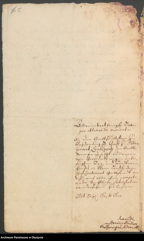 image.from.unit.number "In S. [Sachen] Gottfried von Schönaich Obristliet. [Obristlieutenant] Christoph Henrich von Gersdorff, Verweser zu Neidenburg [Nidzica], wegen Bier, und Brandtwein Schanks in Klein Lentzko [Mały Łęck]"