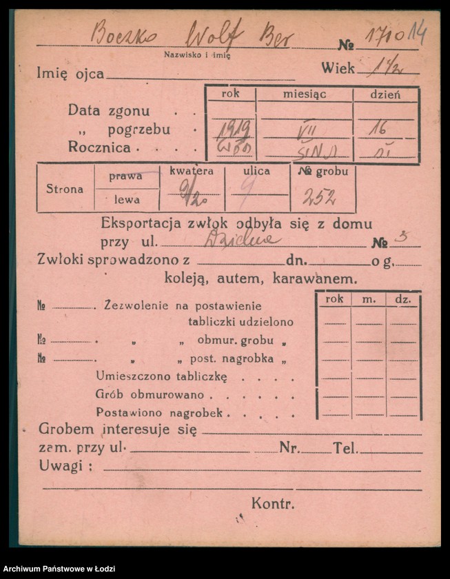 Obraz 16 z jednostki "Kartoteka osób pochowanych na cmentarzu żydowskim przy ulicy Brackiej w latach 1892-1956. Nazwiska na litery: Bock-Bö"