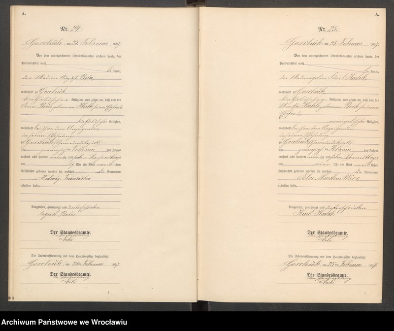 Obraz 15 z jednostki "księga urodzeń Urzędu Stanu Cywilnego w Goszczu (Goschütz) 1897"