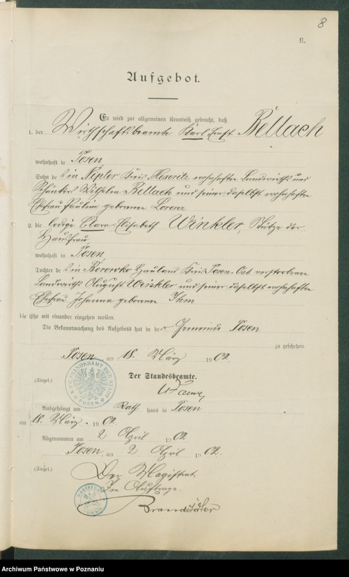 Obraz 10 z jednostki "[Dokumenty dostarczone przez narzeczonych do zawarcia związku małżeńskiego za 1902 rok. Tom V]"