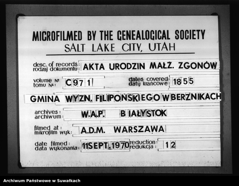 image.from.unit.number "Duplikat Akt Stanu Cywilnego Urodzonych, Zaślubionych i Zmarłych Sekty Filiponów z Gminy Berznickiej z roku 1855"
