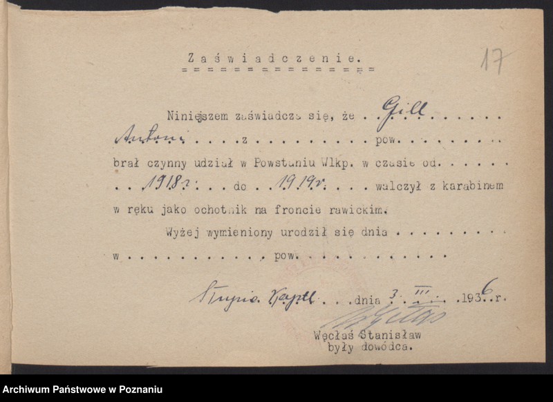 Obraz 19 z jednostki "Słupia Kapitulna, powiat Rawicz - indywidualne zaświadczenia o uczestnictwie w powstaniu."