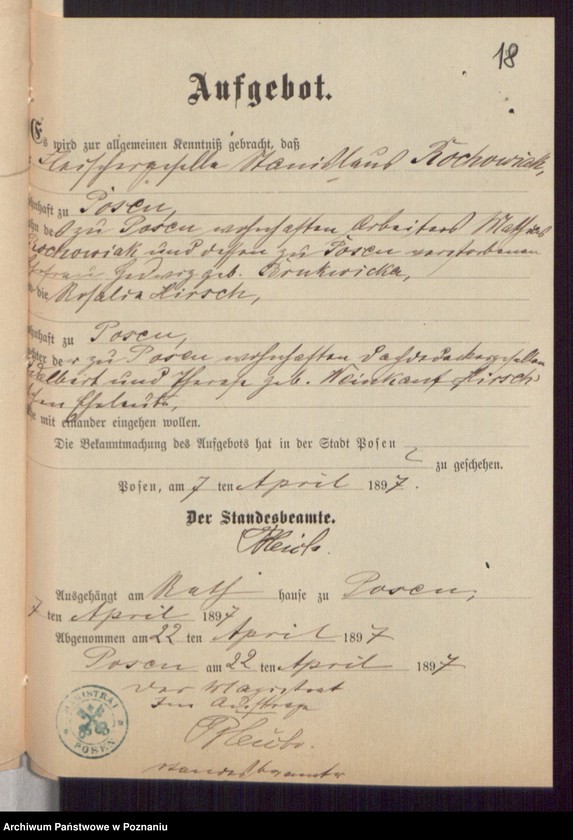 Obraz 20 z jednostki "Die von den Verlobten beigebrachten Urkunden zur Eheschliessung pro 1897"