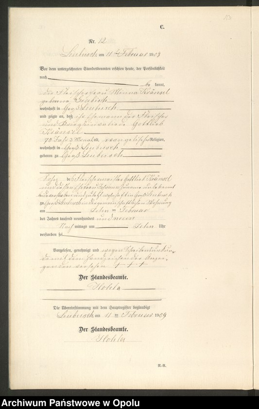 image.from.unit.number "Sterbe-Register (Neben-Register) Standesamt Leubusch 1909"