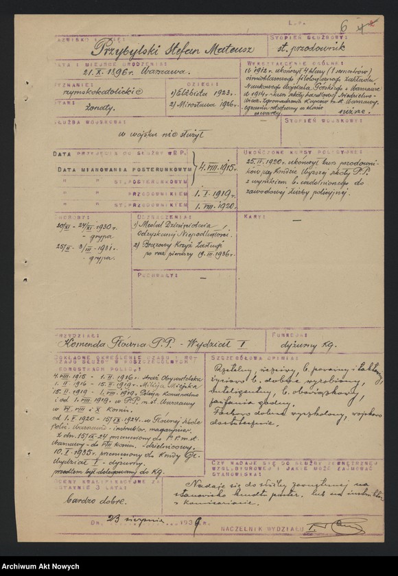 image.from.unit.number "Ewidencja szeregowych Policji Państwowej, zatrudnionych w pracy biurowej w Wydziale I Komendy Głównej Policji Państwowej. Wykazy."