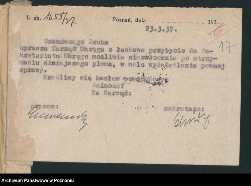Obraz 20 z jednostki "Sprawy dotyczące komendantów wojewódzkich i grodzkich Związku Weteranów Powstań Narodowych i Związku Powstańców Wielkopolskich."