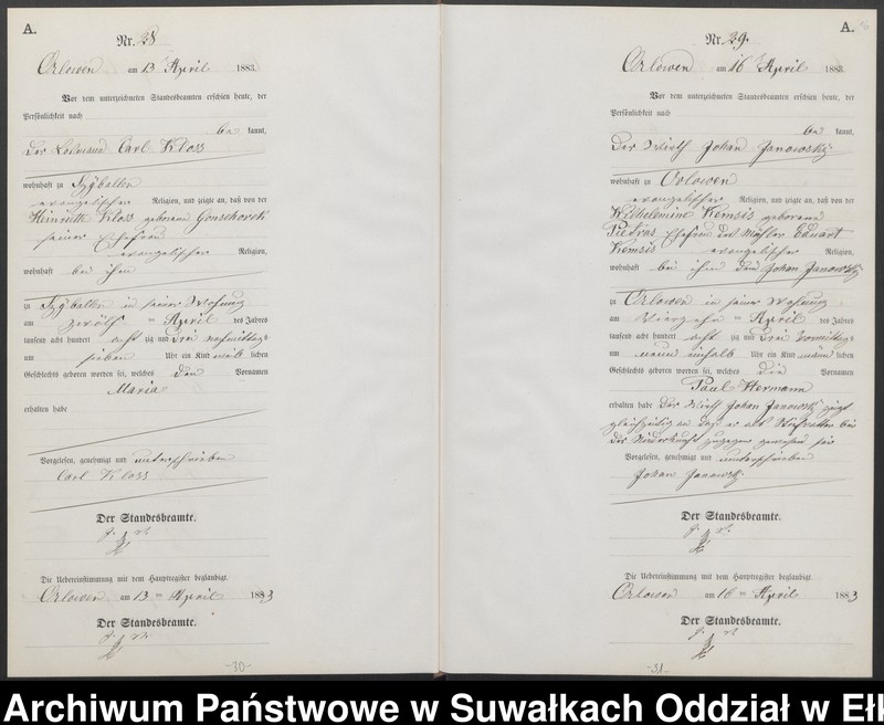 Obraz 19 z jednostki "Geburts-Neben-Register des Preussischen Standes-Amtes Orlowen Kreis Loetzen für das Jahr 1883"