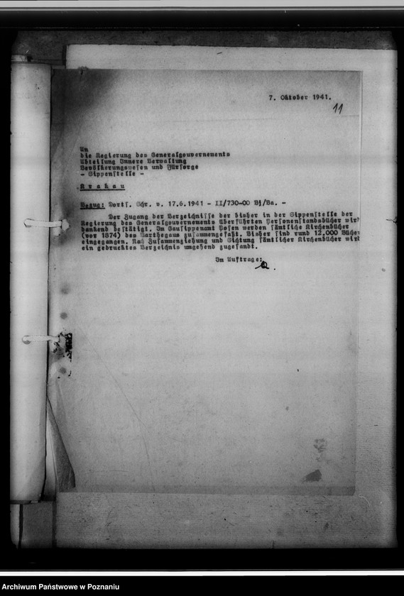 Obraz 15 z jednostki "Verzeichnis der, in der Sippenstelle der Regierungs des Generalgouvernements aufbewahrten Personenstandsbücher [wykaz, korespondencja]"