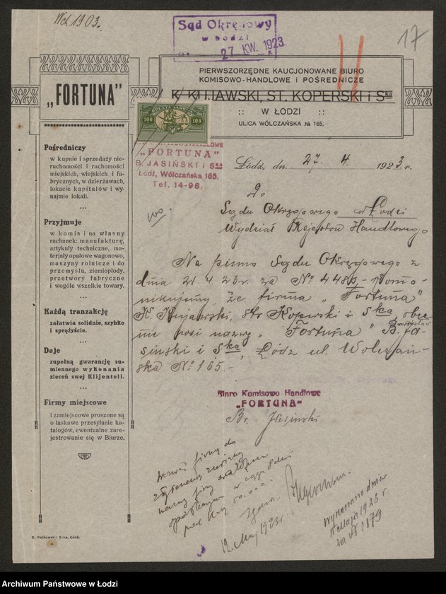 Obraz 19 z jednostki ""Fortuna"- Karol Kujawski, Stanisław Koperski i S-ka- biuro handlowo-komisowe oraz kupno i sprzedaż przetworów przemysłowych i ziemiopłodów"