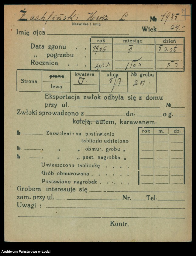 Obraz 8 z jednostki "Kartoteka osób pochowanych na cmentarzu żydowskim przy ulicy Brackiej w latach 1892-1956. Nazwiska na literę Ż"