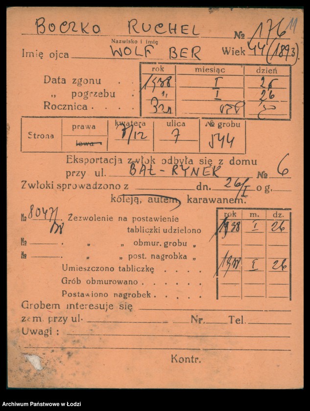 Obraz 13 z jednostki "Kartoteka osób pochowanych na cmentarzu żydowskim przy ulicy Brackiej w latach 1892-1956. Nazwiska na litery: Bock-Bö"