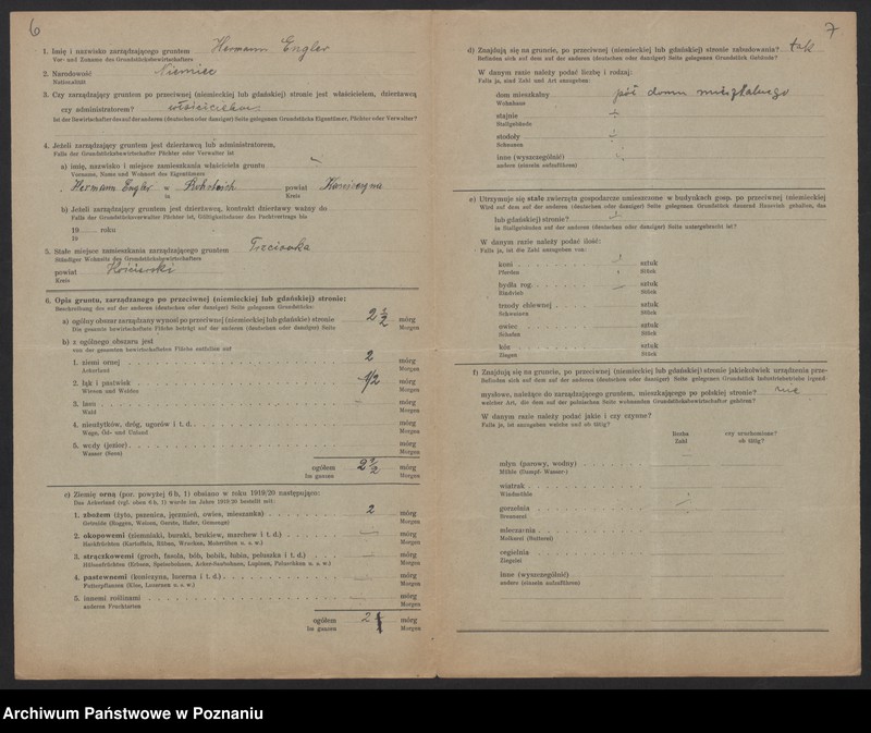Obraz 7 z jednostki "[Kwestionariusze dotyczące stwierdzenia gruntów znajdujących się po niemieckiej stronie pogranicza a zarządzanych przez zamieszkałych po stronie polskiej] powiat kościański"