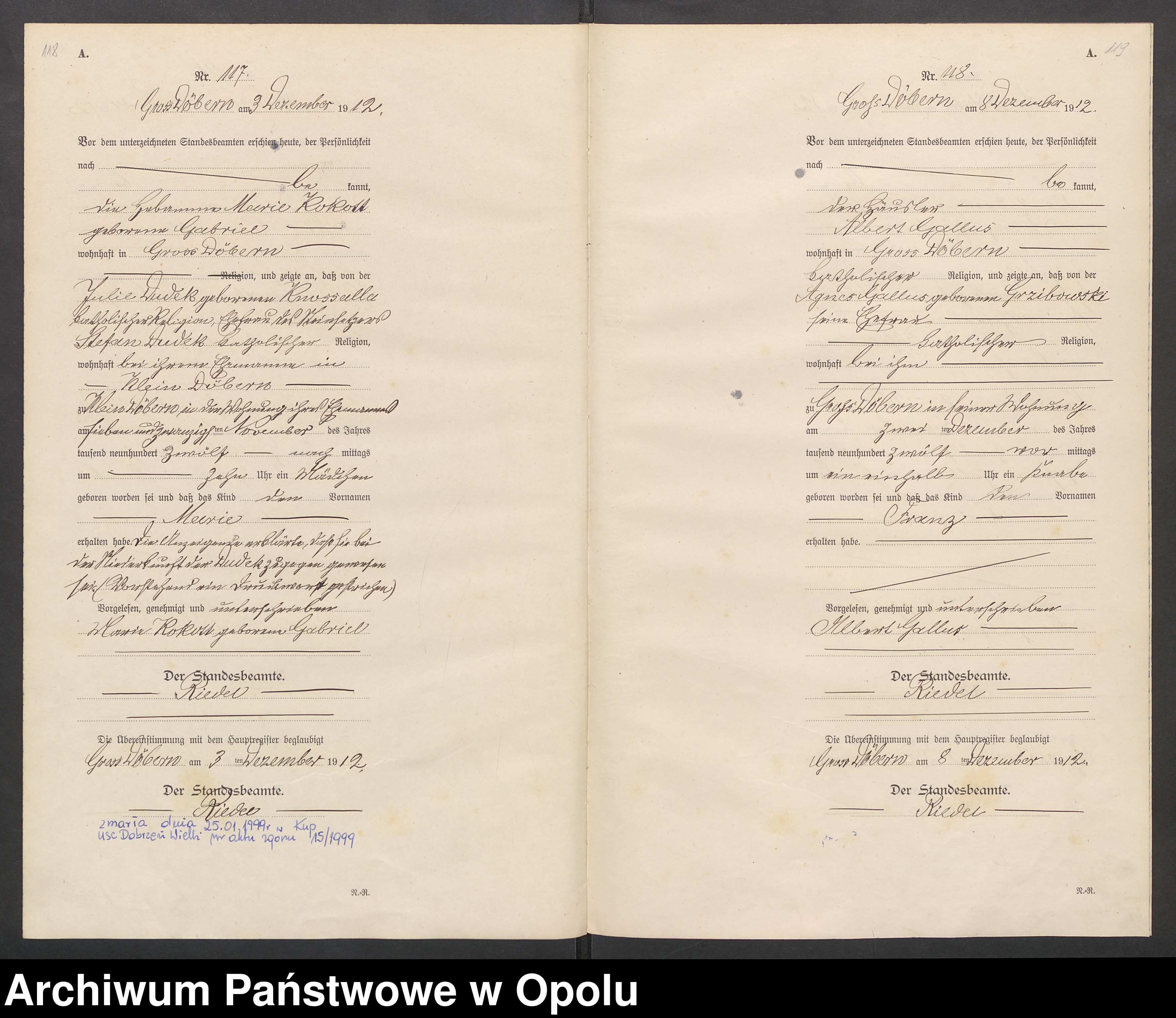 Skan z jednostki: Księga Aktów Urodzeń Dobrzeń Wielki (wtóropis) Rok 1912