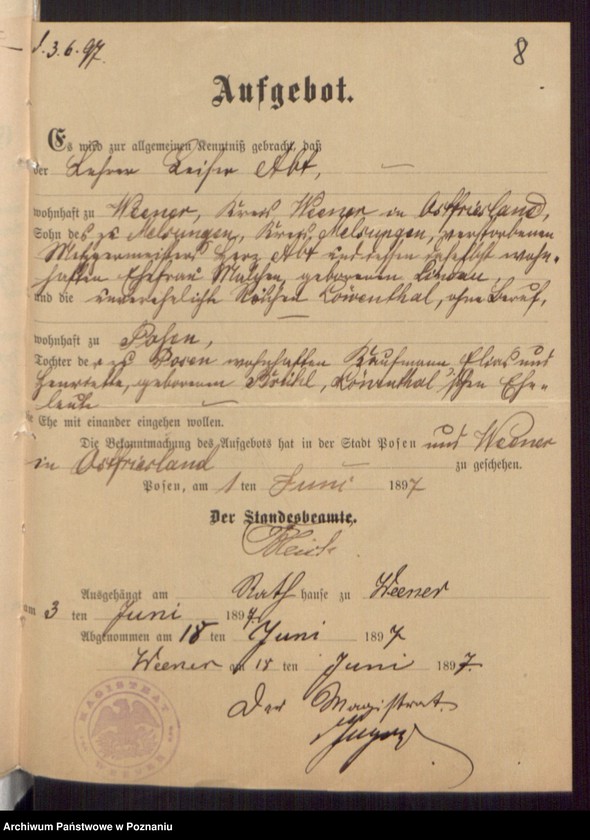 Obraz 10 z jednostki "Die von den Verlobten beigebrachten Urkunden zur Eheschliessung pro 1897"