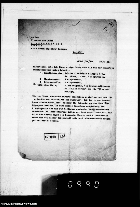 Obraz 18 z jednostki "Post an den Ältesten der Juden D.W.H.[Korespondencja dotycząca różnych prac w Getcie]"