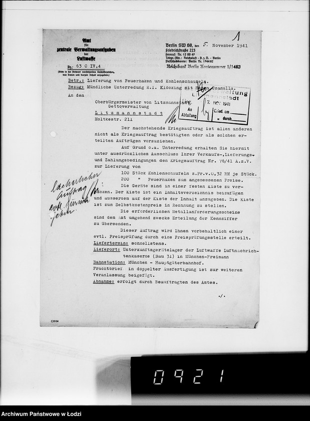 Obraz 3 z jednostki "Amt für Vewaltungsaufgaben der Luftwaffe Kriegsauftrag 49/41 A.z.V.100 Kohlenschaufeln. 200 Feuerhaken"