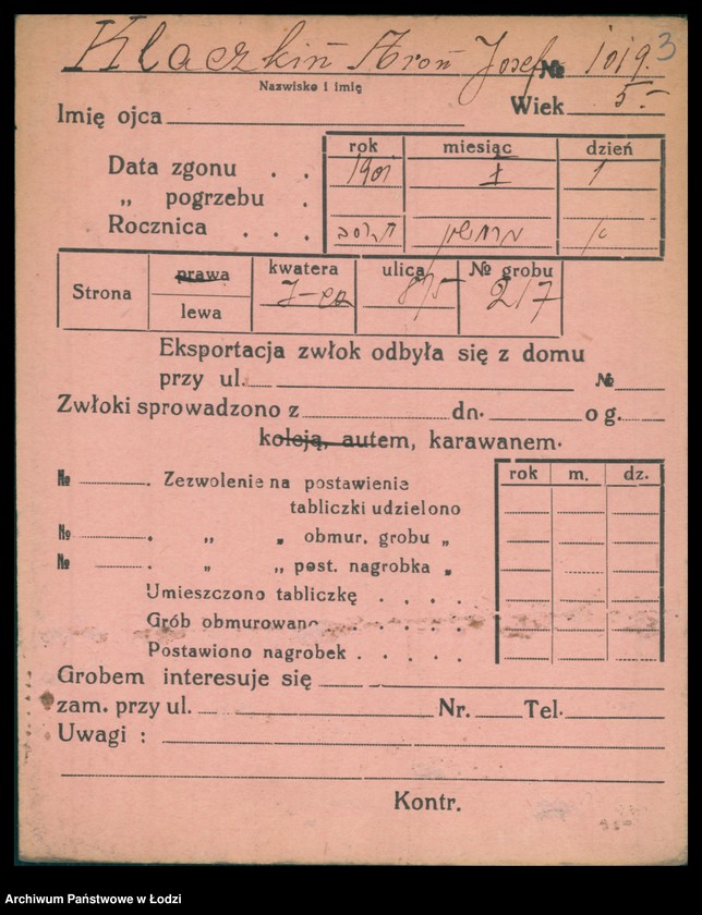 Obraz 4 z jednostki "Kartoteka osób pochowanych na cmentarzu żydowskim przy ulicy Brackiej w latach 1892-1959. Nazwiska na litery: Kl-Kn"