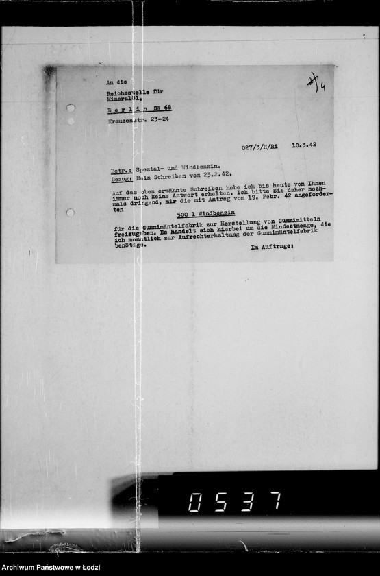 Obraz 9 z jednostki "Spezialbenzin- Kontingent für Gummimäntelfabrikation im Getto"