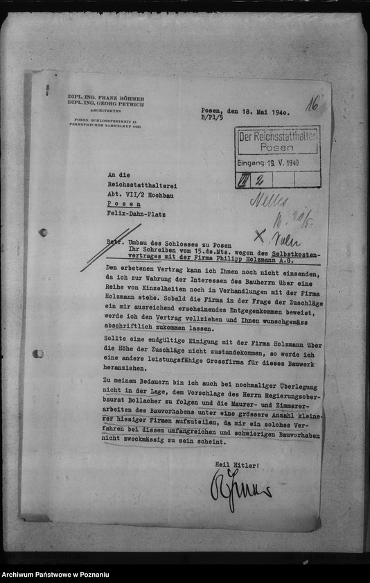 Obraz 19 z jednostki "Umbau - Deutsches Schloss in Posen. Selbstkostenvertrag"