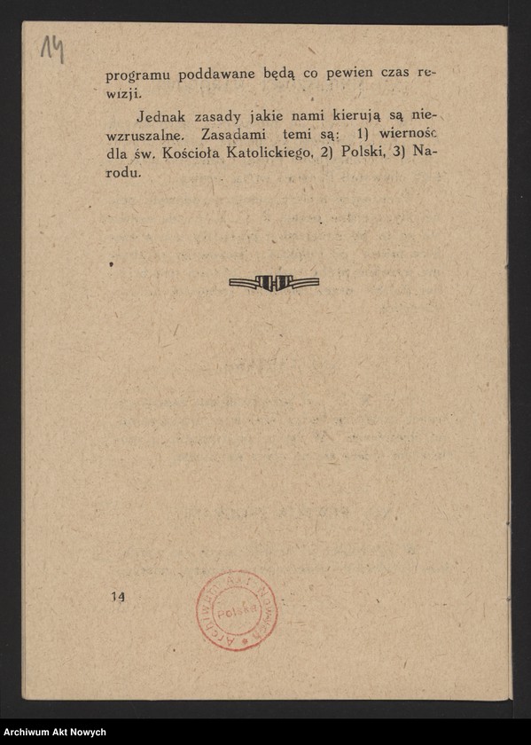 Obraz 16 z jednostki "Polskie Centrum Katolicko-Ludowe. Odezwa, program, zestawienie wydatków (maszynopisy, broszurka); patrz t.1709"