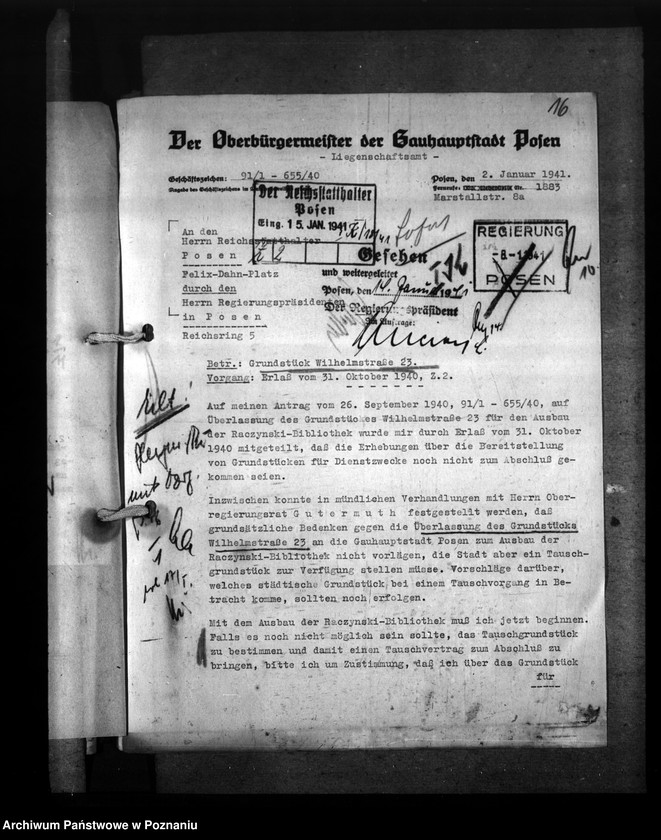 Obraz 20 z jednostki "Grundstück Wilhelmstr. 23 in Posen zum Ausbau der Raczyński Bibliothek"