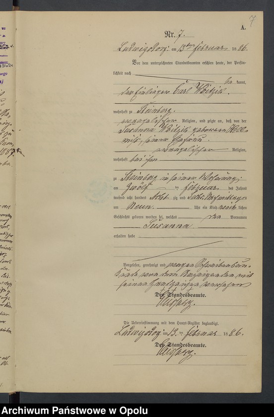 image.from.unit.number "Geburts-Neben-Register Standesamts Ludwigsdorf pro 1886"