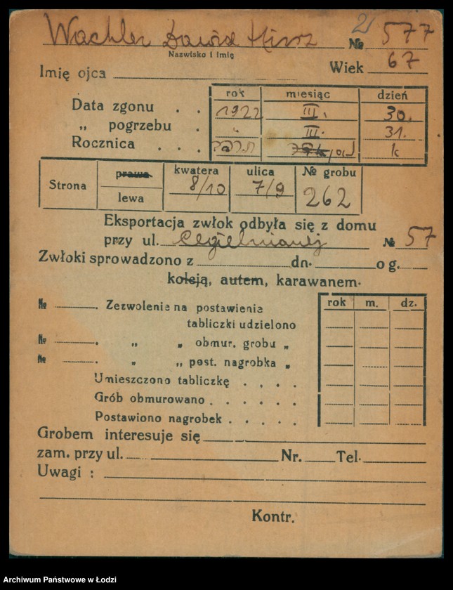 Obraz 3 z jednostki "Kartoteka osób pochowanych na cmentarzu żydowskim przy ulicy Brackiej w latach 1892-1953. Nazwiska na litery: Wac-Wajng"