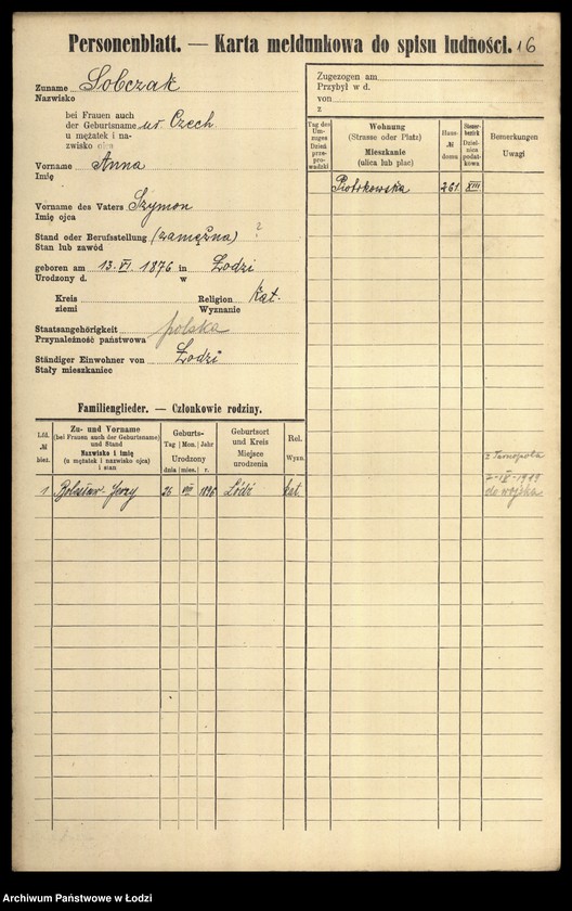 Obraz 18 z jednostki "[Spis ludności Łodzi] Sobczak"