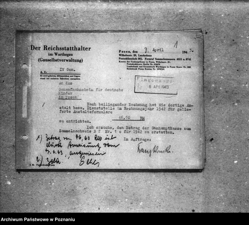 Obraz 5 z jednostki "Schriftwechsel mit der Gauselbsverwaltung vom 1 IV 1943 bis 31 III 1944. [Korespondencja w sprawach finansowych]."