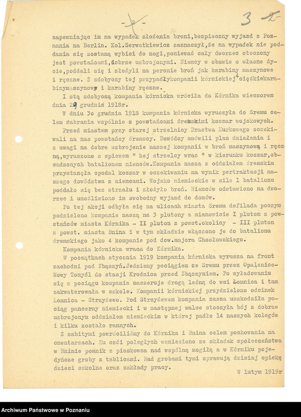 Obraz 13 z jednostki "Relacje i wspomnienia dotyczące powstania wielkopolskiego na terenie Kórnika - Bnina, powiat Śrem, województwo poznańskie."