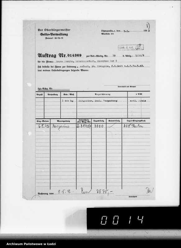 Obraz 12 z jednostki "Aufträge [Lieferscheinen und Rechnungen] 13800-13850.[i od 14351 do 14370]. [Dostawa artykułów pierwszej potrzeby do Getta]"