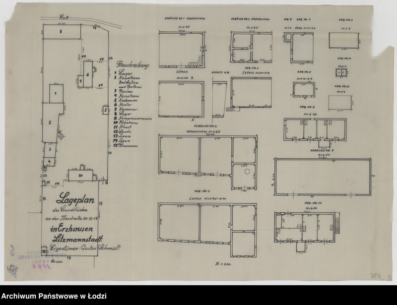 Obraz 1 z jednostki "Lageplan des Grundstückes an der Illerstraße Nr 12-18 in Erzhausen Litzmannstadt. Eigentümer: Gustav Schmidt"