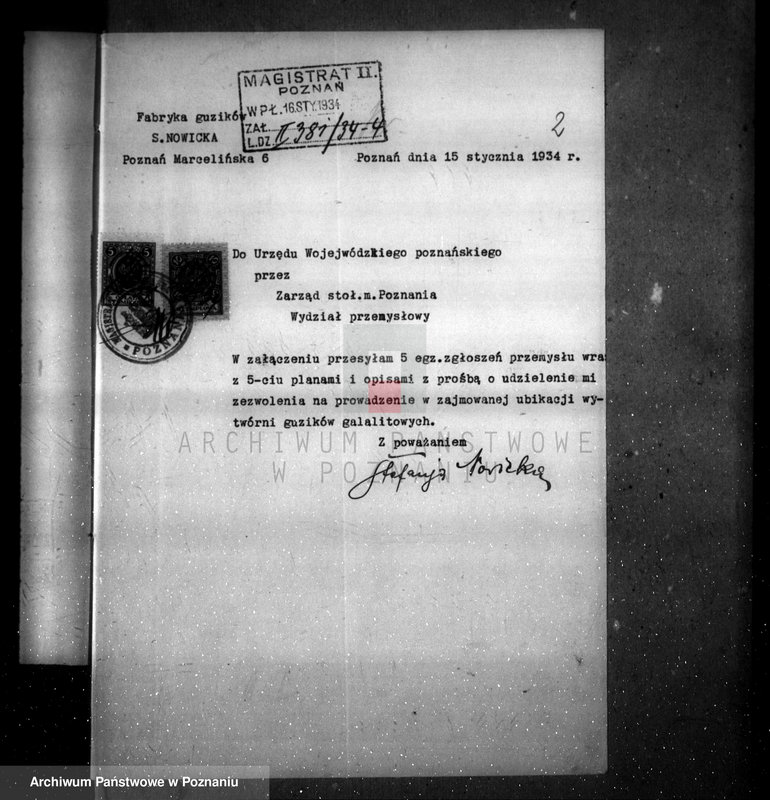 Obraz 6 z jednostki "Zatwierdzenie zakładu przemysłowego /wytwórni guzików/ St. Nowickiej w Poznaniu"