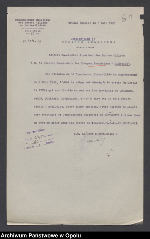 Obraz 10 z jednostki "Etat de Siege-Generalites-Notes de Principe-Renseignements-Organisations de Combat /Koerspondencja i zarządzenia dotyczące stanu wyjątkowego/Raporty dzienne o sytuacji wojskowej, incydenty, obwieszczenia/ 2.06.-1.07.1922"