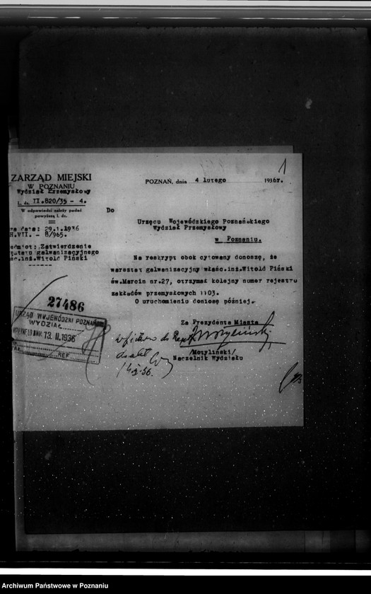 Obraz 4 z jednostki "Zatwierdzenie zakładu przemysłowego /warsztatu galwanizacyjnego/ W. Pińskiego w Poznaniu"