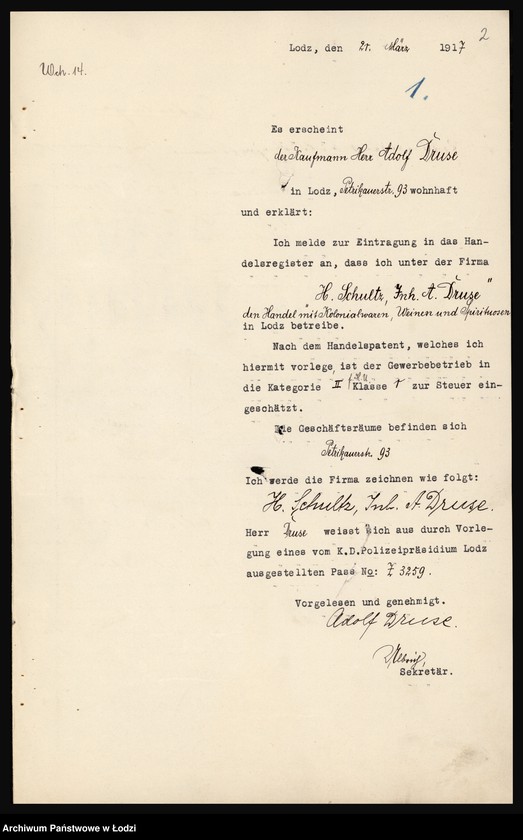 Obraz z jednostki "H. Schultz Inh. A. Druse- handel wyrobami kolonialnymi, winem i wyrobami spirytusowymi w Łodzi"