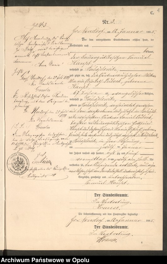 image.from.unit.number "Sterbe-Neben-Register Standes-Amt Gr.[oss] Neudorf 1885"