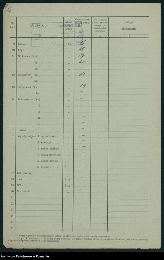 Obraz 20 z jednostki "[Wykazy urzędowo ustanowionych cen maksymalnych na artykuły pierwszej potrzeby na terenie Województwa Poznańskiego za miesiąc grudzień 1920 roku]"