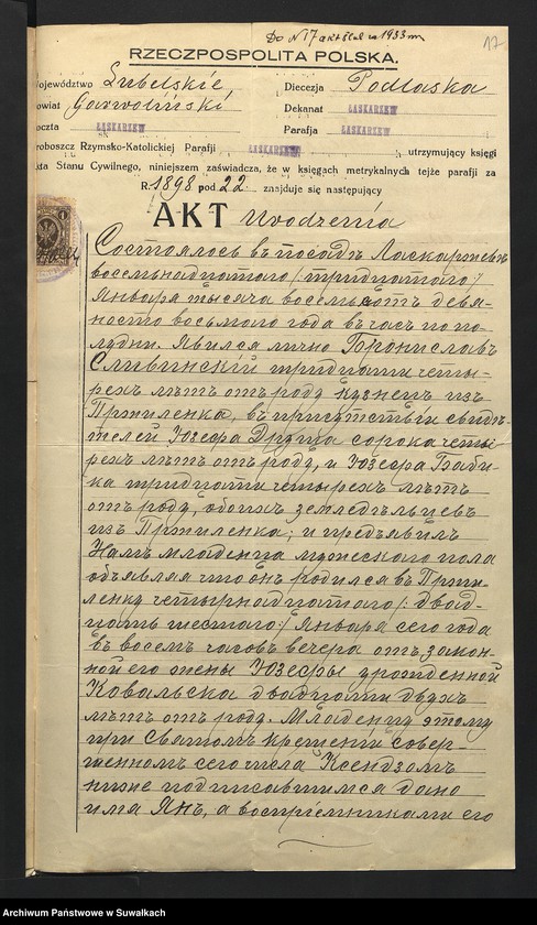 Obraz 19 z jednostki "Aneksa Aktów Ślubnych w Rz-Katolickiej Parafji Wigierskiej za 1933 rok"