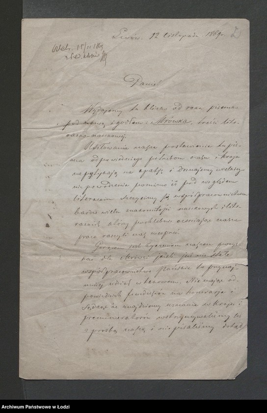 image.from.unit.number "[List Adama Bartoszewicza wydawcy i redaktora czasopisma "Mrówka" we Lwowie do Juliana Bartoszewicza]"