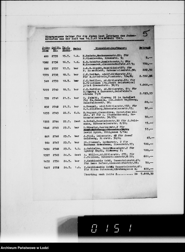 Obraz 9 z jednostki "Gutschriftsanzeigen für die Judengemeinschaft im Getto Litzmannstadt Nr 000001"