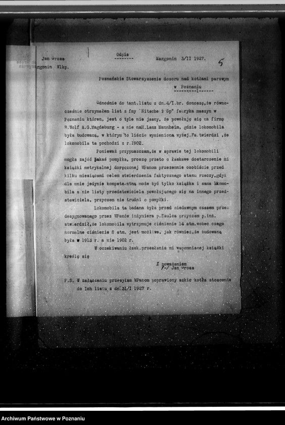 Obraz 9 z jednostki "Młyn parowy J. Grossa w Margoninie pow. Chodzieski /nadzór nad kotłem parowym nr fabr. 12618, woj. 5943/"