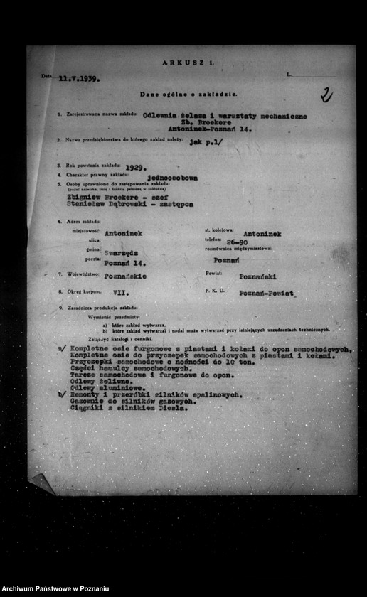 Obraz 6 z jednostki "Kwestionariusz Odlewni żelaza i warsztatów mechanicznych Zb. Broekere Poznań-Antoninek"