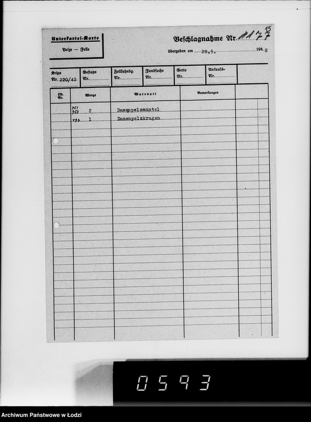 Obraz 19 z jednostki "Kripo. Kartei-Karten Beschlagnahme Nr.968-1397"