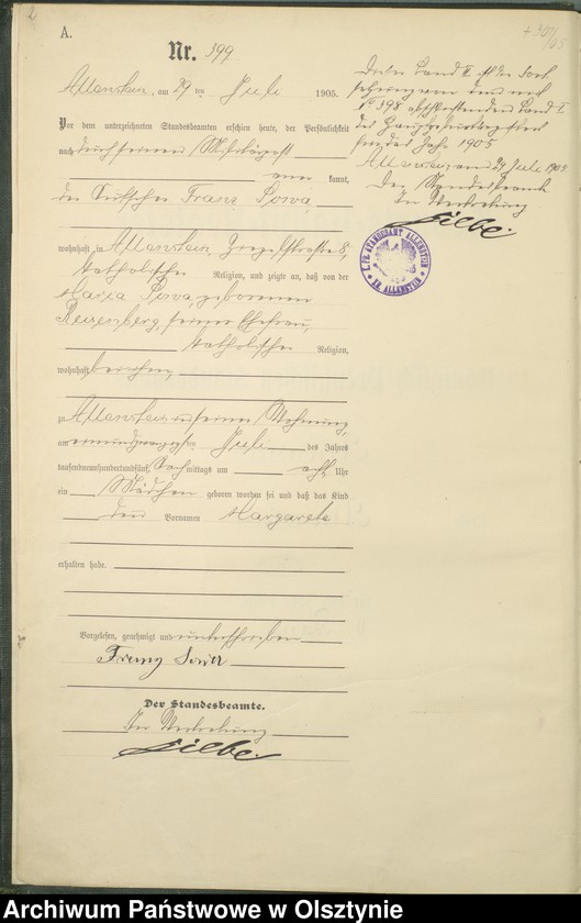 image.from.unit.number "Geburts-Haupt-Register Tom II, Nr 399 - 722"